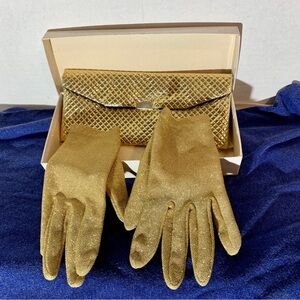 1960s Gold Metallic Evening Formal Purse Bag w/ Gloves Helenca Nylon Lurex MCM